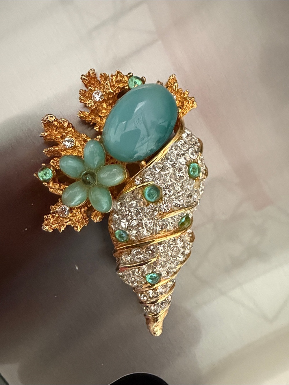Vintage Large Pave Rhinestone Inset, Glass blue Cabochon Figural Seashell Brooch
